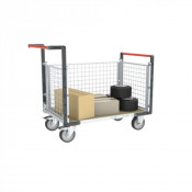 Chariot modulaire grillagé 2 dossiers + 1 ridelle, plateau bois 1200 x 800 mm, roues rectangle