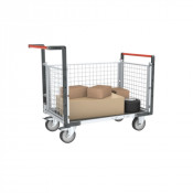 Chariot modulaire grillagé 2 dossiers + 1 ridelle, plateau bois avec tapis caoutchouc 1000 x 600 mm