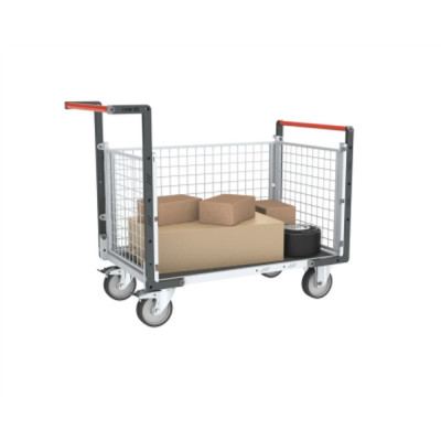 Chariot modulaire grillagé 2 dossiers + 1 ridelle, plateau bois avec tapis caoutchouc 1000 x 600 mm