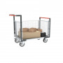Chariot modulaire grillagé 2 dossiers + 1 ridelle, plateau bois avec tapis caoutchouc 1000 x 600 mm