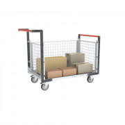 Chariot modulaire grillagé 2 dossiers + 1 ridelle, plateau tôle galva 1000 x 600 mm