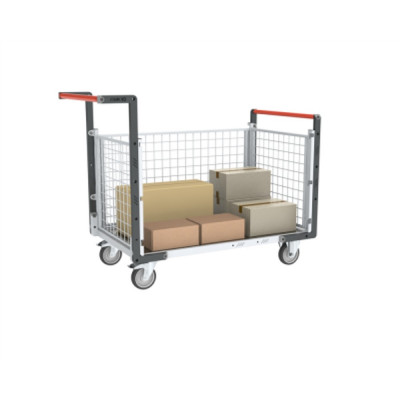 Chariot modulaire grillagé 2 dossiers + 1 ridelle, plateau tôle galva 1000 x 600 mm