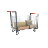 Chariot modulaire grillagé 2 dossiers + 1 ridelle, plateau tôle galva 1000 x 600 mm