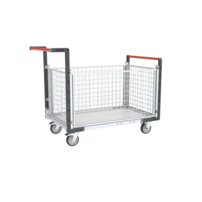 Chariot modulaire grillagé 2 dossiers + 2 ridelles, plateau bois 1000 x 600 mm
