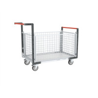 Chariot modulaire grillagé 2 dossiers + 2 ridelles, plateau bois 1000 x 600 mm