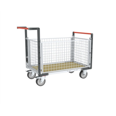 Chariot modulaire grillagé 2 dossiers + 2 ridelles, plateau bois 1000 x 600 mm, roues rectangle