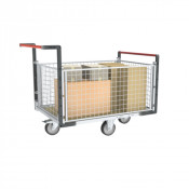 Chariot modulaire grillagé 2 dossiers + 2 ridelles, plateau bois 1200 x 800 mm, roues losange