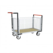 Chariot modulaire grillagé 2 dossiers + 2 ridelles, plateau bois 1200 x 800 mm, roues rectangle