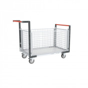 Chariot modulaire grillagé 2 dossiers + 2 ridelles, plateau bois 850 x 500 mm
