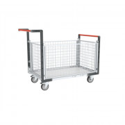 Chariot modulaire grillagé 2 dossiers + 2 ridelles, plateau bois 850 x 500 mm