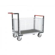Chariot modulaire grillagé 2 dossiers + 2 ridelles, plateau bois avec tapis caoutchouc 1200 x 800 mm