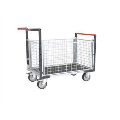 Chariot modulaire grillagé 2 dossiers + 2 ridelles, plateau bois avec tapis caoutchouc 1200 x 800 mm