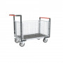 Chariot modulaire grillagé 2 dossiers + 2 ridelles, plateau bois avec tapis caoutchouc 1200 x 800 mm