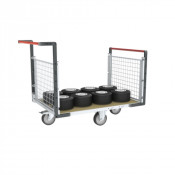 Chariot modulaire grillagé 2 dossiers, plateau bois 1200 x 800 mm, roues losange