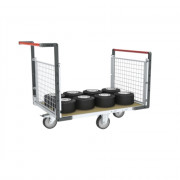 Chariot modulaire grillagé 2 dossiers, plateau bois 1200 x 800 mm, roues losange