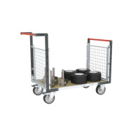 Chariot modulaire grillagé 2 dossiers, plateau bois 1200 x 800 mm, roues rectangle Chariot modulaire grillagé 2 dossiers, plateau bois 1200 x 800 mm, roues rectangle