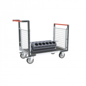 Chariot modulaire grillagé 2 dossiers, plateau bois avec tapis caoutchouc 1000 x 600 mm