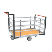 Chariot modulaire tube 2 dossiers + 2 ridelles, plateau bois 1200 x 800 mm, roues losange