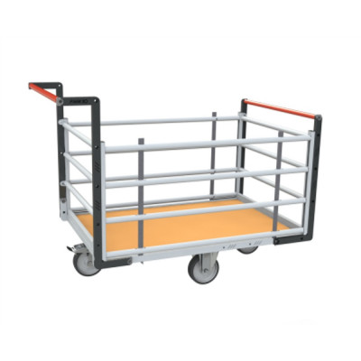 Chariot modulaire tube 2 dossiers + 2 ridelles, plateau bois 1200 x 800 mm, roues losange