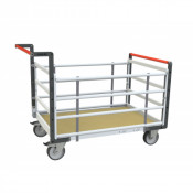 Chariot modulaire tube 2 dossiers + 2 ridelles, plateau bois 1200 x 800 mm, roues rectangle